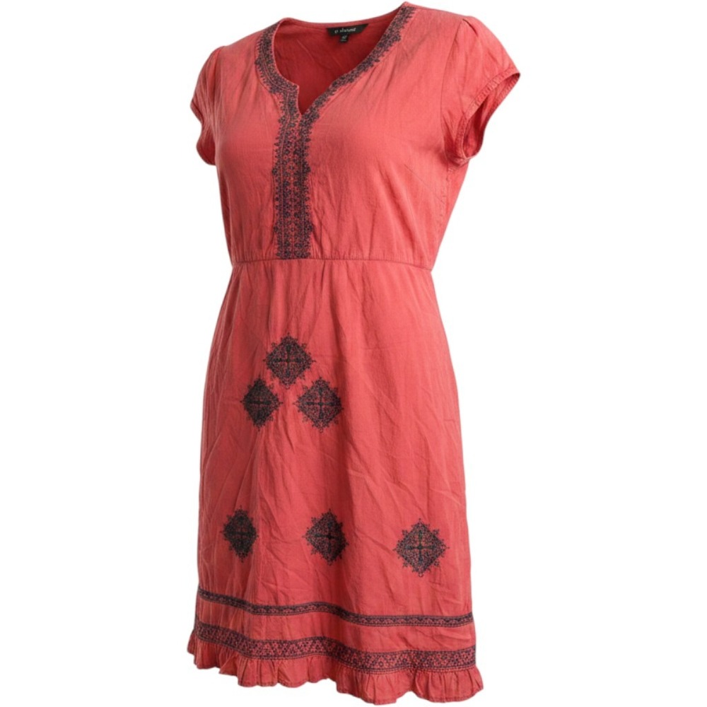 Melange Red Cotton Embroidered Boho Dress Short Sleeve Ruffle Hem Size L
